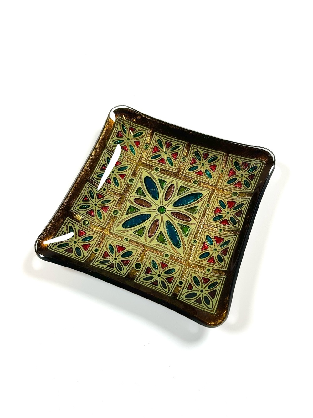 Vintage Italian Glass Square Decorative Dish Gold Colorful Handcrafted